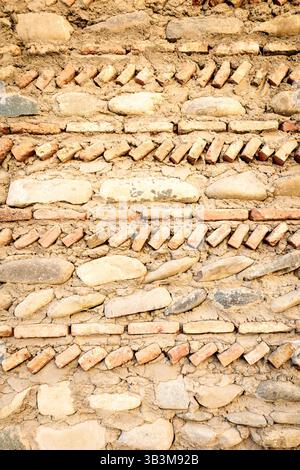Primo piano di tradizionali pareti in pietra e mattoni georgiani con motivi diagonali in mattoni, che mostrano tecniche di muratura storiche Foto Stock