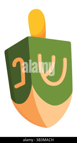 Illustrazione Dreidel verde isolata su sfondo bianco. Tradizionale maglia da filatura Hanukkah con lettere ebraiche, perfetta per le festività ebraiche Illustrazione Vettoriale