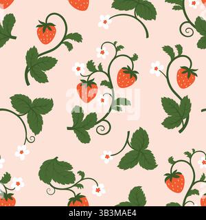 Motivo di fragola matura senza cuciture con rami, bacche, fiori e foglie su sfondo rosa chiaro. Simpatico Summer Fruit Design per tessuti Illustrazione Vettoriale