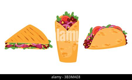 Set di illustrazioni di cibo messicano tradizionale: Quesadilla, burrito e tacos. Gustosi pasti tex-mex in stile cartoni animati, perfetti per i menu del ristorante Illustrazione Vettoriale