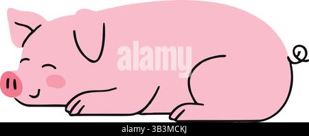 Maiale rosa che dorme pacificamente con un'espressione felice. Illustrazione Vettoriale