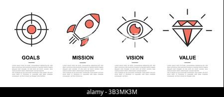 Icone della strategia aziendale che rappresentano obiettivi, missione, visione e concetto di valore in modo creativo Illustrazione Vettoriale