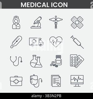 Set di icone mediche minimaliste con simboli sanitari, strumenti medici e attrezzature di emergenza in bianco e nero linea Art Illustrazione Vettoriale