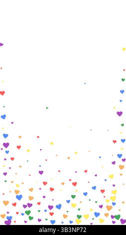 Modello di carta di san valentino con cuori cadenti. Cuori sparsi di colore arcobaleno. Biglietto di san valentino LGBT. Illustrazione vettoriale caotica dei cuori cadenti. Illustrazione Vettoriale