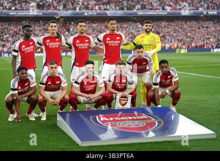 Una foto del gruppo della squadra dell'Arsenal in vista della semifinale di UEFA Champions League, partita di andata all'Emirates Stadium di Londra. Data foto: Martedì 29 aprile 2025. Foto Stock