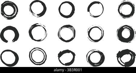 Set cerchio pennello grunge - elementi vettoriali e trame disegnati a mano, cerchio pennello elemento disegnato. Set di pennelli. Vettore Illustrazione Vettoriale