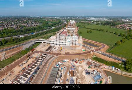 Vista panoramica aerea del cantiere ferroviario ad alta velocità HS2 vicino a Water Orton e Coleshill Parkway a sud di Birmingham Foto Stock
