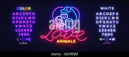 Logo per animali domestici con tema cane, gatto, neon, animale e negozio in colori brillanti. Sfondo da parete in mattoni con vivace forma a cuore e testo scritto a mano. Illustrazione Vettoriale