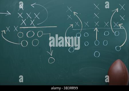 Pallone da football americano vicino alla lavagna con schema di gioco Foto Stock