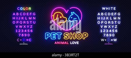 Logo per animali domestici con vibrazioni per cani, gatti, neon, animali e negozi, incluso il testo PET Shop Animal Love. Cornice luminosa, teste stilizzate e mattoni vivaci Illustrazione Vettoriale