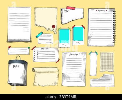 Note cartacee per la pianificazione quotidiana. Elementi del perno di punteria disegnati a mano. Fogli di quaderno scarabocchi. Elenco attività, adesivi foglio appunti, set vettoriale vuoto Illustrazione Vettoriale