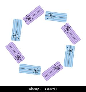 Colorata disposizione circolare di scatole regalo con disegni divertenti e nastri per le celebrazioni Illustrazione Vettoriale
