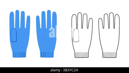 Guanti in lana lavorata a maglia corta, cartoni animati blu e contorno piatto, accessori moda, indumenti per illustrazione tecnica. Vista posteriore del palmo anteriore vettoriale per uomo e donna, modello CAD unisex Illustrazione Vettoriale