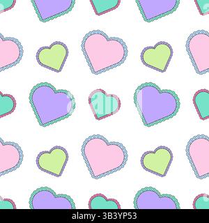 Un delicato e giocoso motivo astratto senza cuciture di cuori in pizzo pastello rifiniti in vari colori su sfondo bianco. Perfetto per donne e bambini Illustrazione Vettoriale