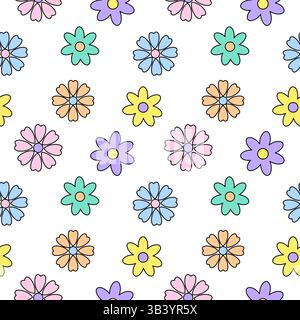 Allegro motivo floreale senza cuciture caratterizzato da colorati fiori pastello in varie forme - Fiordaliso e margherite - su sfondo bianco. Perfetto per spr Illustrazione Vettoriale