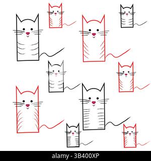 Divertente schema di gatto. Icone animali minimaliste. Gattini rossi neri. Composizione carina vettoriale. Illustrazione Vettoriale