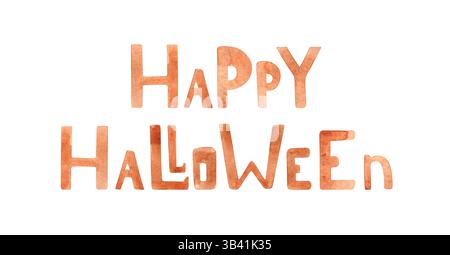 Illustrazione ad acquerello con testo marrone Halloween. Scritta di Halloween isolata dallo sfondo. Concetto di design per lettere, poster, cartoline, striscioni, tessuti Foto Stock