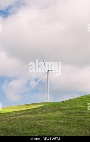 La turbina eolica si erge su una collina verde sotto il cielo blu con nuvole sullo sfondo durante il giorno di sole Foto Stock