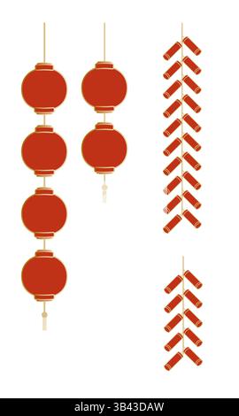 Schema vettoriale dei tradizionali firecacker e lanterne cinesi Illustrazione Vettoriale