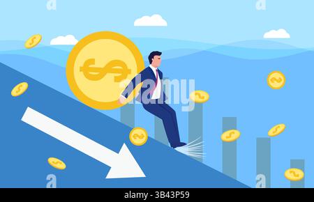 Concetto vettoriale illustrazione dell'uomo che ferma la caduta delle monete d'oro e declina i guadagni Illustrazione Vettoriale