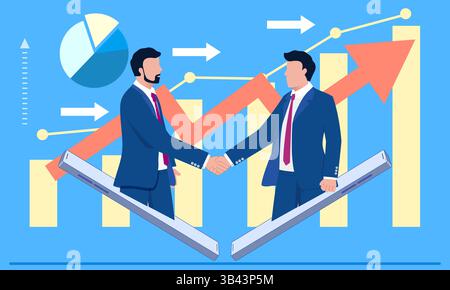 Illustrazione concettuale di due uomini d'affari che stringono la mano per raggiungere una cooperazione e promuovere la crescita aziendale Illustrazione Vettoriale