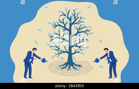 Illustrazione del concetto vettoriale che mostra gli imprenditori che innaffiano l'albero dei soldi, gli investimenti e la gestione finanziaria Illustrazione Vettoriale