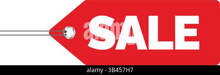 Etichetta rettangolare rossa per la vendita con testo bianco in grassetto e dettagli della stringa, comunemente utilizzata nella pubblicità al dettaglio, nelle offerte di sconto e nei banner promozionali Illustrazione Vettoriale