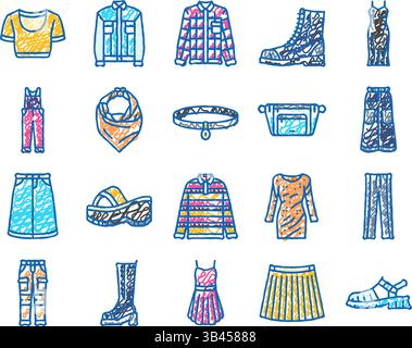 icone retrò anni '90 80 disegnate a mano Illustrazione Vettoriale