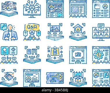icone online degli eventi di conferenza virtuale disegnate a mano Illustrazione Vettoriale