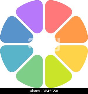 Icona infografica divisione cerchio. Grafico a torta diviso otto parti uguali. icona 8 settori con angoli arrotondati. Infografica a colori diagramma rotondo dei fiori Illustrazione Vettoriale