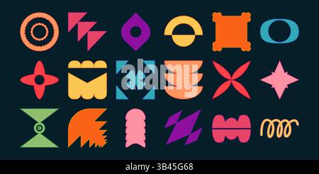 Collection of Geometric Abstract Shapes. Multicolored retro elements with groovy colors. Perfect for posters, flyers, brochures, print, stickers.  Illustrazione Vettoriale