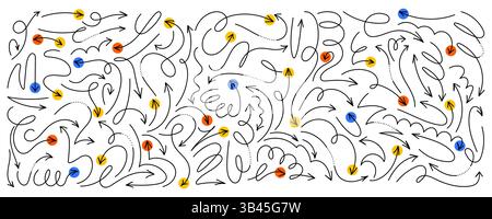 Frecce disegnate a mano con linee sottili e curve. Disegnare puntatori ondulati isolati. Set di icone freccia scarabocchi. Collezione di linee curve senza mani e schizzi Illustrazione Vettoriale