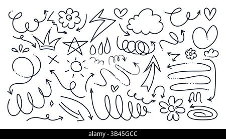 Set di graziose frecce disegnate a mano con linee curve ed elementi decorativi. Nuvole isolate, fiori, sole, stella, corona, cuori. Set di scarabocchi Illustrazione Vettoriale