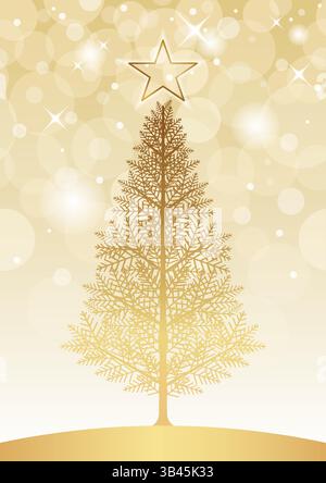 Illustrazione Vector Golden Christmas Tree con sfondo astratto senza cuciture. Ripetibile orizzontalmente. Illustrazione Vettoriale