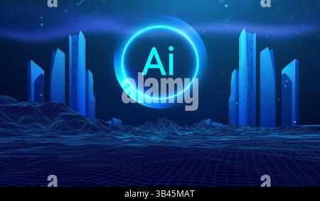 Sviluppo tecnologico intelligente della città del futuro background concetto astratto di tecnologia ai. Architettura dello skyline digitale neon design ologramma griglia cyberpunk Illustrazione Vettoriale