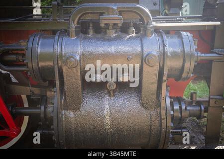 Un motore nero con una maniglia nera e rossa. L'impugnatura è rivestita di vernice nera. Il motore è vecchio e arrugginito Foto Stock