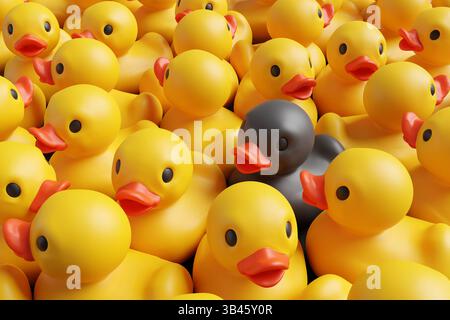 Un'anatra di gomma nera tra un gruppo di anatre di gomma gialle. Illustrazione di differenza, discriminazione, unicità e spiccata Foto Stock