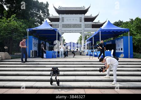Viene visualizzato un robot biping. Guangzhou, Cina.28 aprile 2025. Il 4° Pazhou Algorithm Competition è stato lanciato a Guangzhou, capitale della provincia del Guangdong della Cina meridionale, il 28 aprile 2025. Gli scenari applicativi nei campi dell'intelligenza incorporata, dell'intelligenza del computer cerebrale, dell'economia a bassa quota erano esposti. Il formato del concorso di questo evento è stato pubblicato. Credito: Chen Chuhong/China News Service/Alamy Live News Foto Stock