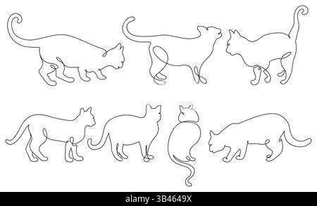 Gatti impostati in stile di disegno continuo a una linea. Set icone Cat con contorno creativo. Cats minimalista Contour Art Illustrazione Vettoriale