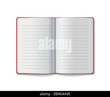 Notebook aperto con pagine bianche rivestite e un bordo rosso brillante, ideale per appunti e diario Illustrazione Vettoriale