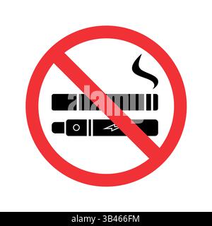 Cartello di divieto di fumo e vaping con sigarette tradizionali ed elettroniche con un simbolo di avvertimento rosso Illustrazione Vettoriale
