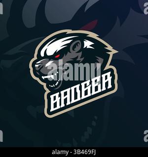 Logo della mascotte Badger vettoriale con design moderno per la stampa di badge, emblemi e t shirt. Illustrazione della testa di tasso arrabbiato. Illustrazione Vettoriale