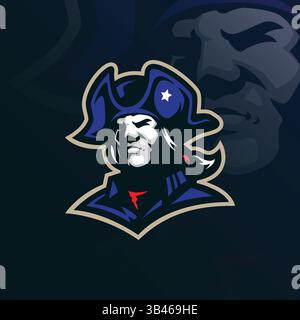 Design vettoriale con logo della mascotte Patriot e design moderno per la stampa di badge, emblemi e t shirt. Illustrazione della testa Patriot. Illustrazione Vettoriale