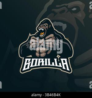 Design con logo Gorilla mascotte con design moderno per la stampa di badge, emblemi e t shirt. Illustrazione di gorilla arrabbiato. Illustrazione Vettoriale