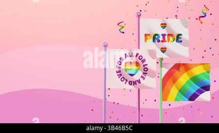 Happy Pride modello di sfondo per volantini festivi con tre bandiere che sventolano su sfondo rosa e coriandoli che rappresentano LGBTQIA+ Pride Month e Love div Foto Stock