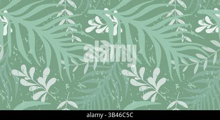 Stampe tropiche hawaiane con foglie di palma. Sfondo verde naturale con lussureggiante foresta pluviale. Grafica vettoriale e motivo perfetto per le vacanze estive Illustrazione Vettoriale