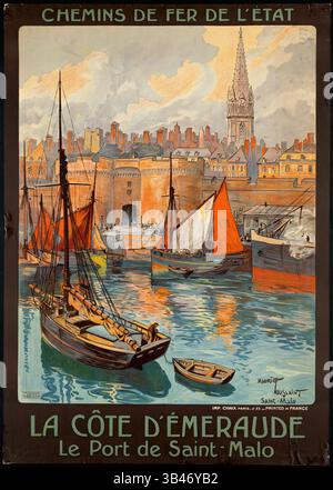 Travel porster promuovere il turismo a Port de Saint-Malo, Normandia, Francia Foto Stock