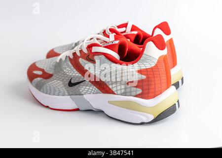 Bristol , UK- 30 dicembre 2024: Un paio di sneakers da running Nike rosse e grigie con mesh e lacci bianchi su uno sfondo bianco pulito. Foto Stock