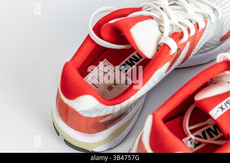 Bristol , Regno Unito- 30 dicembre 2024: Scarpe da running Nike con motivo rosso e grigio con suola bianca e Swoosh nero. Foto Stock