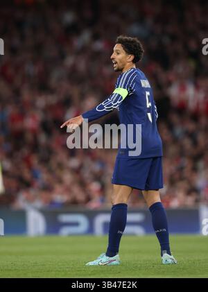 Londra, Regno Unito. 29 aprile 2025. Marquinhos (PSG) all'Arsenal contro Paris Saint-Germain partita di semifinale di UEFA Champions League, all'Emirates Stadium di Londra, Regno Unito il 29 aprile 2025. Crediti: Paul Marriott/Alamy Live News Foto Stock
